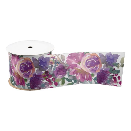 Paarse Waterverf Floral Pattern Satijnen Lint (Spoel)
