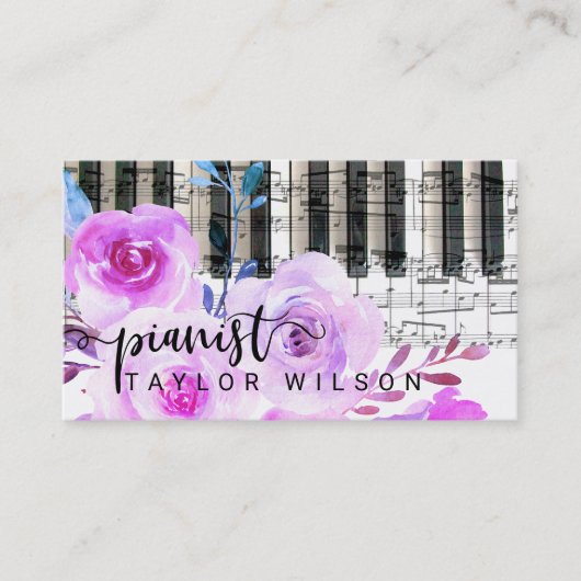 paarse waterverf floral pianist script visitekaartje (Voorkant)