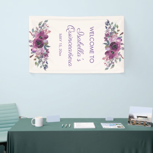 Paarse Waterverf Floral Quinceañera Welkom Banne Spandoek (Beurs)