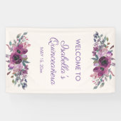 Paarse Waterverf Floral Quinceañera Welkom Banne Spandoek (Horizontaal)