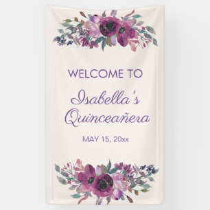 Paarse Waterverf Floral Quinceañera Welkom Banne Spandoek