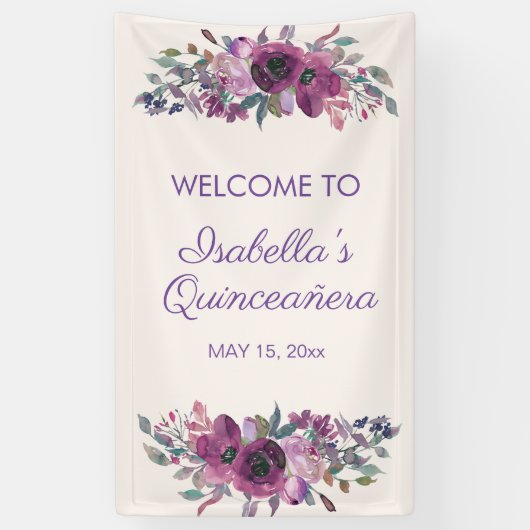 Paarse Waterverf Floral Quinceañera Welkom Banne Spandoek (Verticaal)
