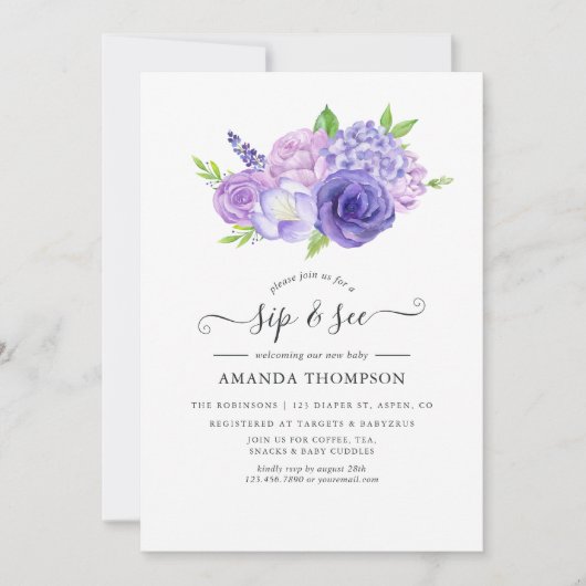 Paarse Waterverf Floral Sip en See Kaart (Voorkant)