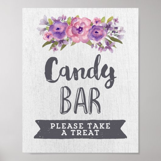Paarse Waterverf Floral Snoep Bar Wedding Sign Poster (Voorkant)