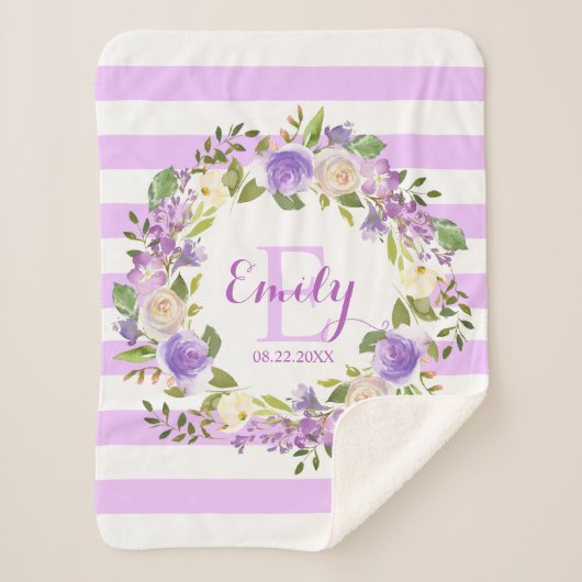 Paarse Waterverf Floral Stripes Girl Nursery Baby Sherpa Deken (Voorkant)