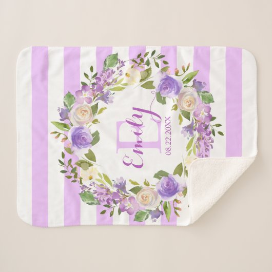 Paarse Waterverf Floral Stripes Girl Nursery Baby Sherpa Deken (Voorkant (horizontaal))