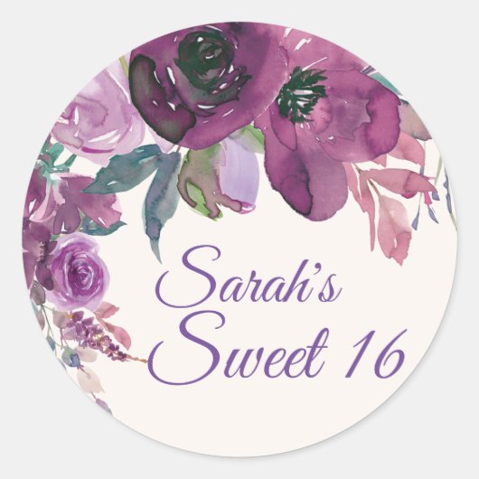 Paarse Waterverf Floral Sweet 16 Birthday Ronde Sticker (Voorkant)