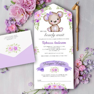 Paarse Waterverf Floral Teddy Bear Baby shower All In One Uitnodiging