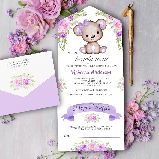 Paarse Waterverf Floral Teddy Bear Baby shower All In One Uitnodiging