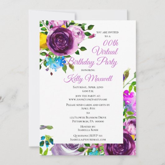 Paarse Waterverf Floral virtuele verjaardag Kaart (Voorkant)