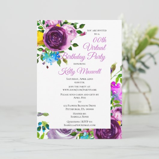 Paarse Waterverf Floral virtuele verjaardag Kaart (Staand voorkant)