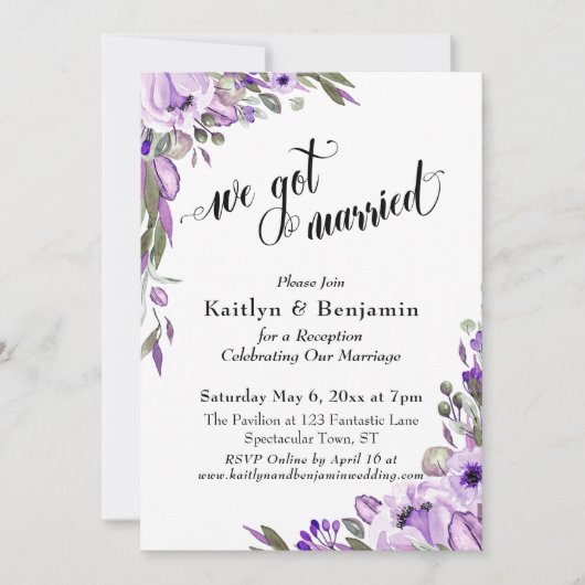 Paarse Waterverf Floral We kregen een gehuwde Typo Kaart (Voorkant)