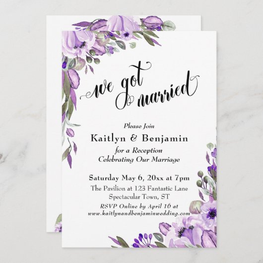 Paarse Waterverf Floral We kregen een gehuwde Typo Kaart (Voorkant / Achterkant)