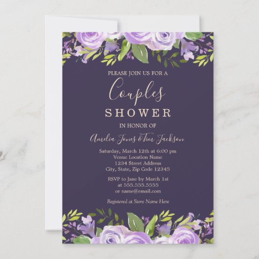 Paarse Waterverf Floral Wedding Couples Shower Kaart (Voorkant)