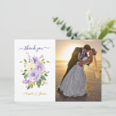 Paarse Waterverf Floral Wedding Foto Bedankkaart (Staand voorkant)