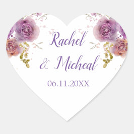 Paarse Waterverf Floral Wedding Hart Sticker