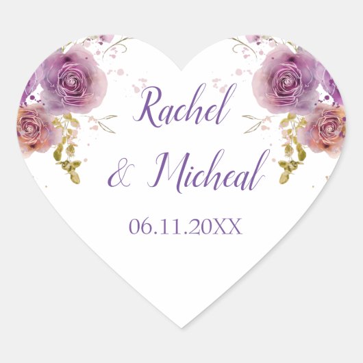 Paarse Waterverf Floral Wedding Hart Sticker (Voorkant)