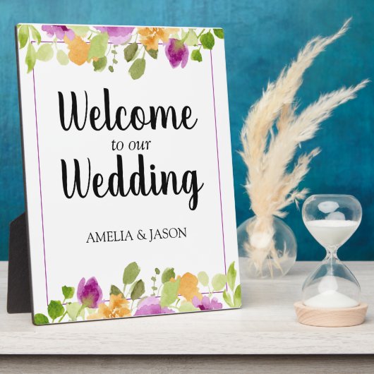 Paarse Waterverf Floral Wedding Welcome Plaque Fotoplaat (Zijkant)