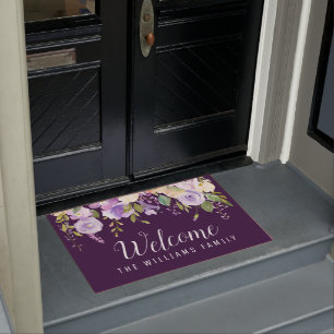paarse waterverf floral welkomstscript doormat deurmat