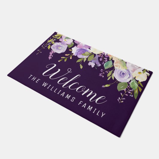 paarse waterverf floral welkomstscript doormat deurmat (Schuin)
