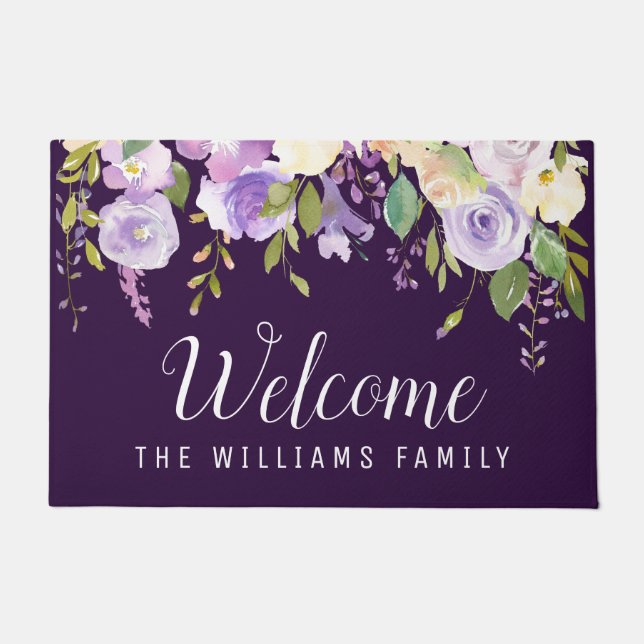paarse waterverf floral welkomstscript doormat deurmat (Voorkant)
