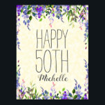 Paarse Waterverf Floral Yellow 50th Birthday Poster<br><div class="desc">Paarse waterverf floral op geel 50e verjaardagsfeest poster. De tekst is klantgericht.</div>