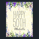 Paarse Waterverf Floral Yellow 50th Birthday Poster<br><div class="desc">Paarse waterverf floral op geel 50e verjaardagsfeest poster. De tekst is klantgericht.</div>