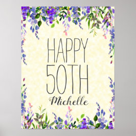 Paarse Waterverf Floral Yellow 50th Birthday Poster