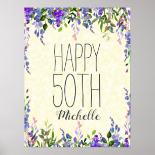 Paarse Waterverf Floral Yellow 50th Birthday Poster