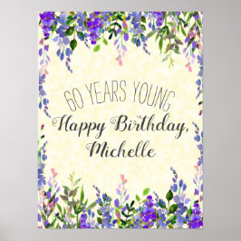 Paarse Waterverf Floral Yellow 60th Birthday Poster