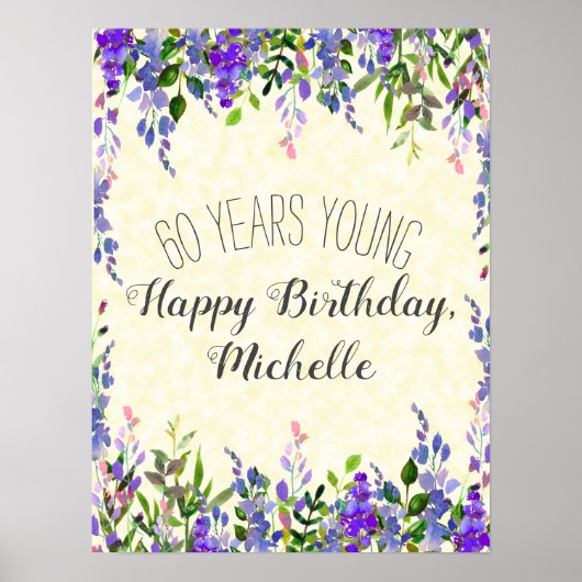 Paarse Waterverf Floral Yellow 60th Birthday Poster (Voorkant)