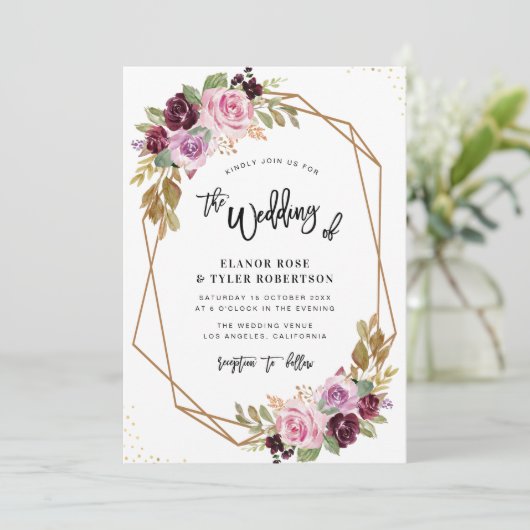 paarse waterverf florale herfst bruiloft kaart (Staand voorkant)