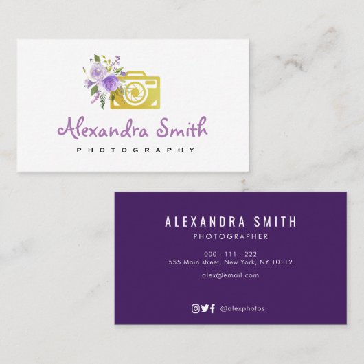 paarse waterverf florale logo fotograaf visitekaartje (Voorkant / Achterkant)