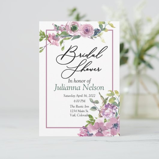 Paarse waterverf florale uitnodiging (Staand voorkant)