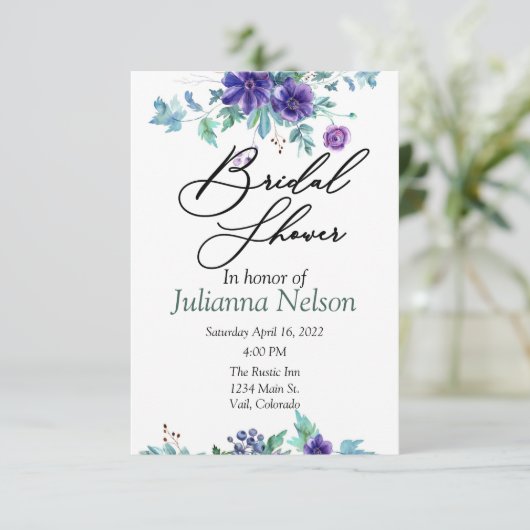 Paarse waterverf florale uitnodiging (Staand voorkant)