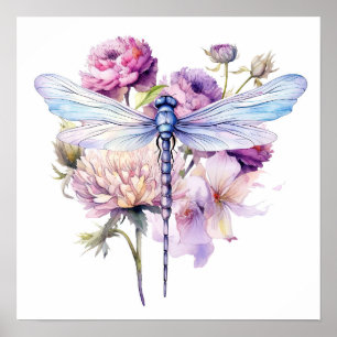 Paarse Waterverf Flowers & Dragonfly Poster