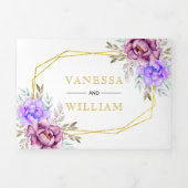 Paarse waterverf Flowers Gouden Typografie Bruilof Drieluik Uitnodiging (Cover)
