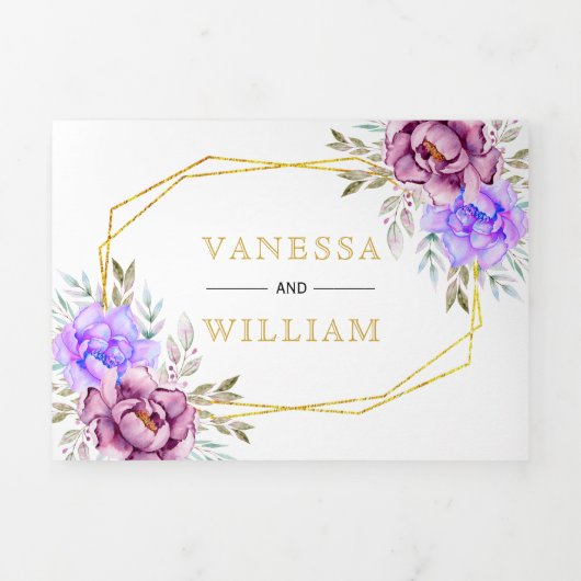 Paarse waterverf Flowers Gouden Typografie Bruilof Drieluik Uitnodiging (Cover)