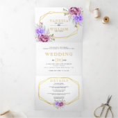 Paarse waterverf Flowers Gouden Typografie Bruilof Drieluik Uitnodiging (Binnen)