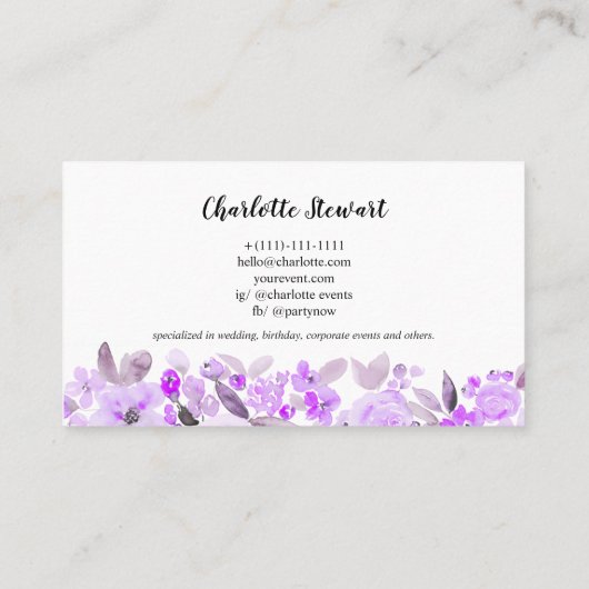 Paarse waterverf-gebeurtenisplanner-logo visitekaartje (Achterkant)