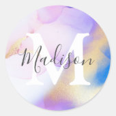 Paarse Waterverf Glam Gepersonaliseerde naam Monog Ronde Sticker (Voorkant)