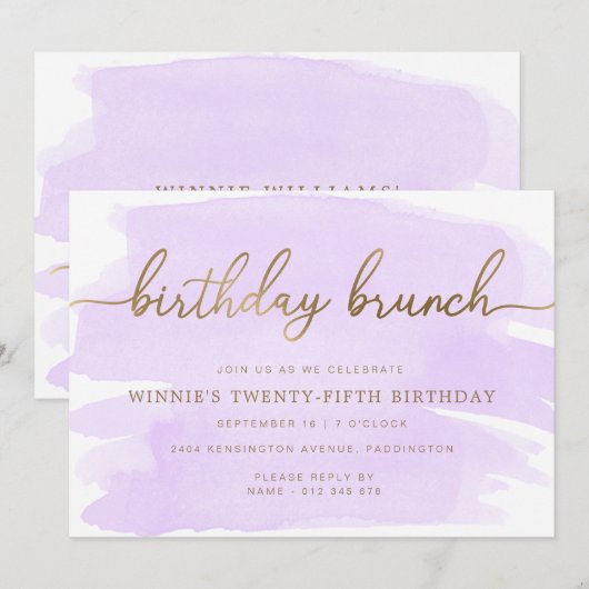 Paarse Waterverf Gold Birthday Brunch Uitnodiging (Voorkant / Achterkant)