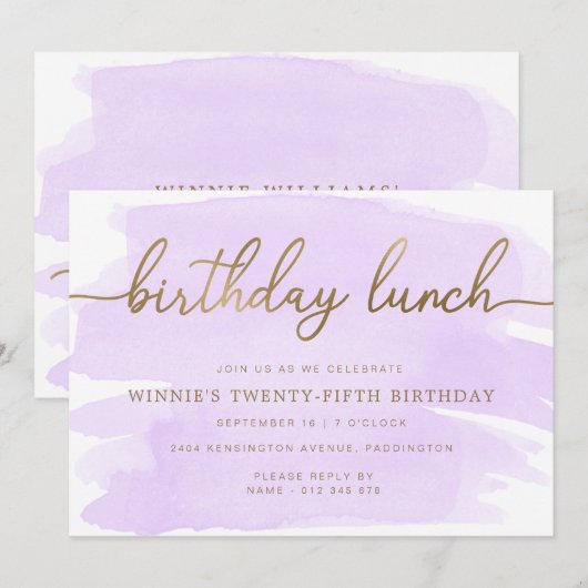 Paarse Waterverf Gold Birthday Lunch Kaart (Voorkant / Achterkant)