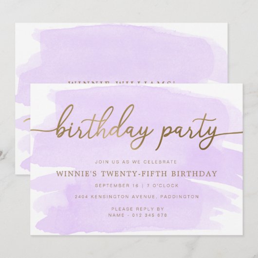 Paarse Waterverf Gold Birthday-uitnodiging Kaart (Voorkant / Achterkant)