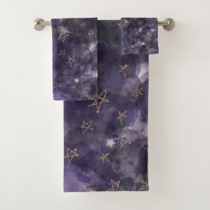 Paarse Waterverf Gold Bronze Moon Stars Bad Handdoek