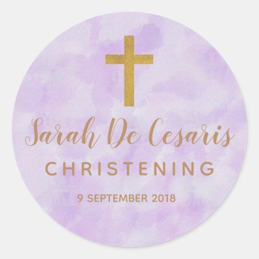 Paarse Waterverf Gold Cross Christening sticker (Voorkant)