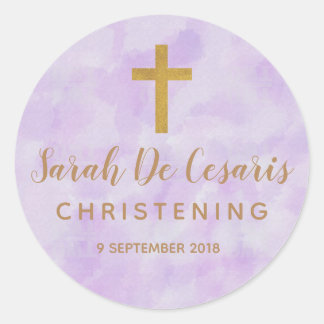 Paarse Waterverf Gold Cross Christening sticker