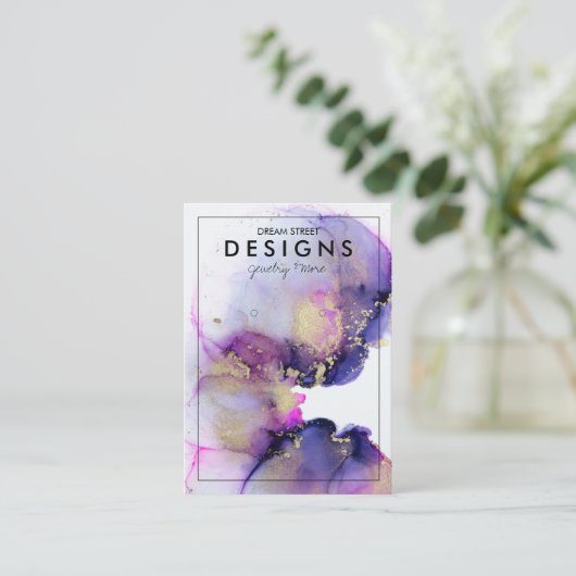 Paarse Waterverf Gold Earring Display Kaart Visitekaartje (Staand voorkant)