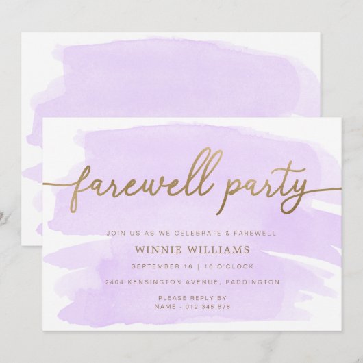 Paarse Waterverf Gold Farewell Kaart (Voorkant / Achterkant)
