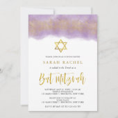 Paarse Waterverf | Gouden Faux Glitter Bat Mitzvah Kaart (Voorkant)